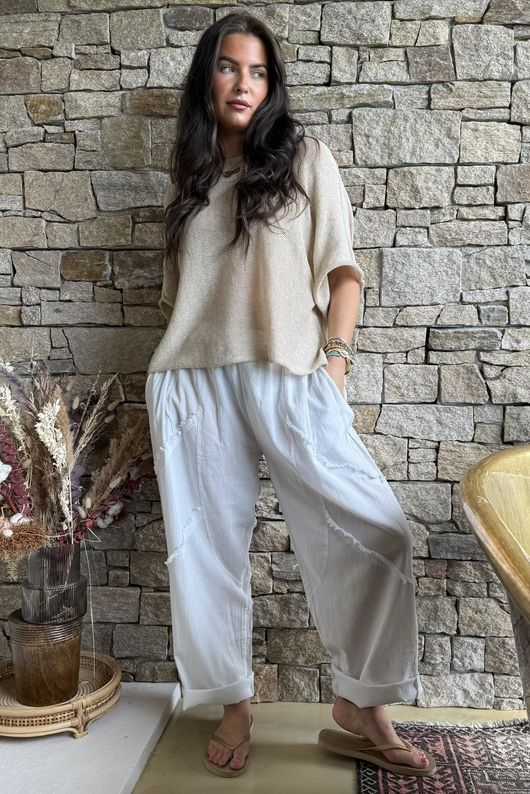 Rustic Nature Linen Blend Barrel Pant White